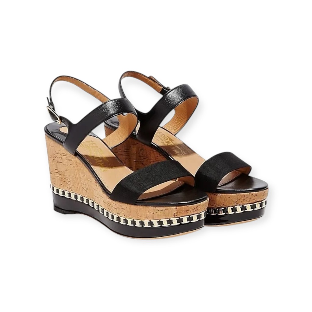 Salvatore Ferragamo Mollie Chain Platform Wedge Sandals Black Leather 9.5b